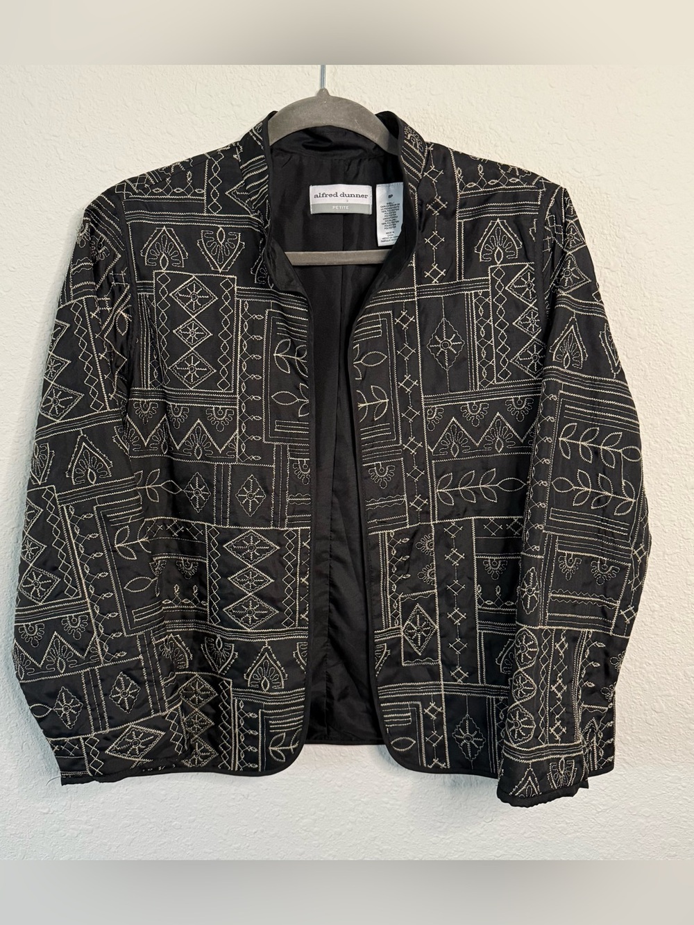 Alfred Dunner Black Jacket with Cream Geometric Embroidery